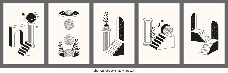 Surreal abstract posters and cards in trendy minimal line art style. Columns, stairs, arch, geometric shapes and cosmic elements. Can be used in cover design, books, advertising, invitation, banners.