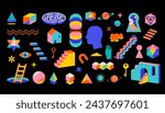Surreal, Abstract, psychedelic collection of shapes, elements. Modern, geometrical trendy elements and symbols for advertising, t-shirt design, stickers and any posters. Contemporary art background