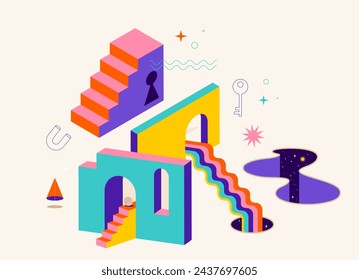 Surreal, Abstract, psychedelic and illusion composition. Modern, geometrical trendy elements and symbols for advertising, t-shirt design, stickers and any posters. Contemporary art background and