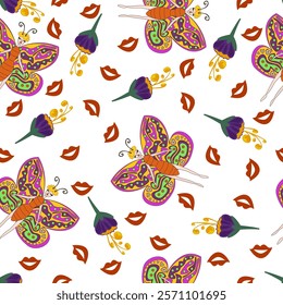 Surreal abstract seamless pattern with Psychedelic Woman butterfly, red lips and violet flowers.