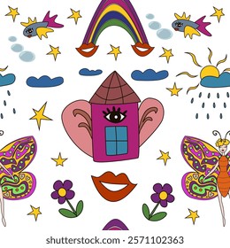 Surreal abstract seamless pattern. Psychedelic characters. Woman butterfly, house with eyes and ears, flowers, fish, rainbows, sun and rain. Stars, clouds, lady lips.