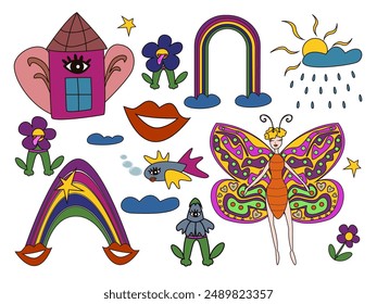 Conjunto abstracto surrealista. Personajes psicodélicos. Mariposa mujer, casa con ojos y orejas, flores de perro, peces, arco iris. Estrellas, nubes, labios de dama. Ilustración vectorial