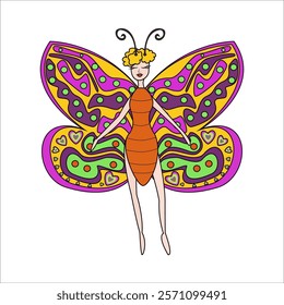 Surreal abstract woman butterfly. Psychedelic character. Wonder insect from fairytale. Faerie, sprite, pixie, fay. Children cute insect illustration