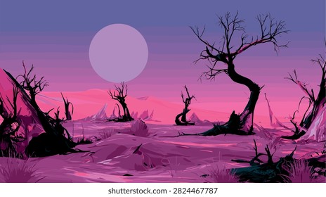 Surreal Alien Landscape with Purple Moon and Dead Trees Illustration