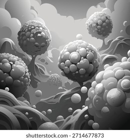 Paisaje extraterrestre surrealista con árboles esféricos y Formas orgánicas abstractas en Ilustración vectorial en escala de grises