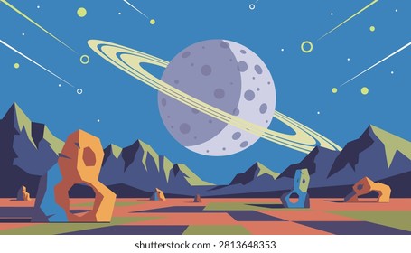 Surreal alien planet landscape featuring a giant ringed planet, starry sky with meteors, and strange rock arches.