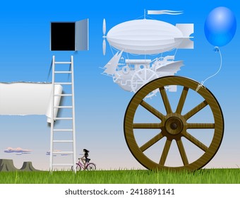 Surreal american landscape with green grass, blue sky, wooden cart wheel, balloon, fantastic flying white ship, torn paper, ladder and a girl cyclist. Vector illustration for poster or placard