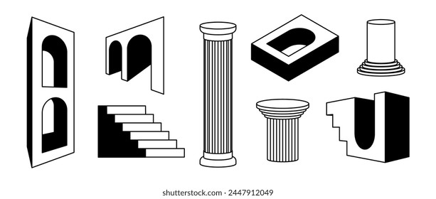 Surreal arches, columns and stair collection. Trippy greek ruin element set. 3d antique style arcs, doors, pillars, staircase, gates bundle. Vector shapes pack for collage, poster, banner, sticker.