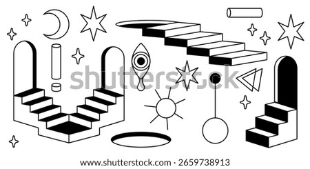 Surreal architectural elements with door portals, impossible stairs, geometric arches, moon and stars, sun and eye with tear drop. Abstract line art for mystic interior design, dreamlike spaces frame