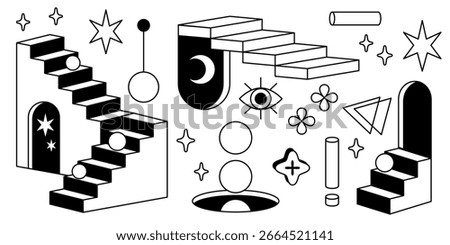 Surreal architectural elements with door portals, impossible stairs, geometric arches, crescent moon and stars, eye symbol. Abstract line art for mystic interior design, dreamlike spaces frame