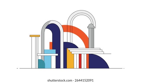 A Surreal Architectural Landscape of Arches Stairs and Geometric Shapes with Vibrant Colors