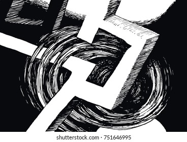 Surreal arhitectural form changing from flat shape to three-dimensional object with shadow. Vector illustration of abstract black and white painting.