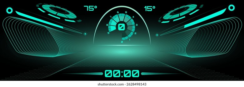 Surreal art collage. Futuristic neon dashboard interface with digital meters, glowing arcs, and angle indicators. Vector illustration. Concept of speed, car technology, extreme sport, virtual.
