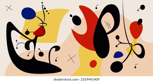 Ilustración de arte surrealista al estilo Joan Miro. Pintura abstracta con formas geométricas. Vector.