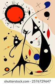 Surreal art illustration in Joan Miro style. Abstract Painting with Geometric Shapes.