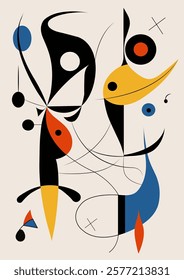 Surreal art illustration in Joan Miro style. Abstract Painting with Geometric Shapes.