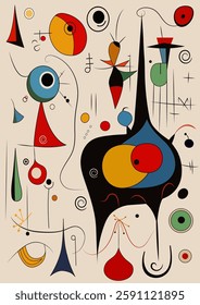 Surreal art illustration in Joan Miro style. Abstract Painting with Geometric Shapes. Vector.