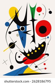 Ilustração de arte surreal em estilo Joan Miro. Pintura abstrata com formas geométricas. Vetor.