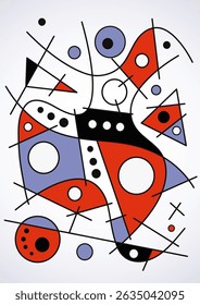 Ilustração de arte surreal em estilo Joan Miro. Pintura abstrata com formas geométricas. Vetor.