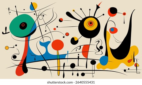 Surreal art illustration in Joan Miro style. Abstract Painting with Geometric Shapes. Vector.