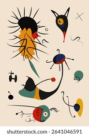 Surreal art illustration in Joan Miro style. Abstract Painting with Geometric Shapes. Vector.