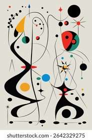 Ilustração de arte surreal em estilo Joan Miro. Pintura abstrata com formas geométricas. Vetor.