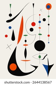 Ilustração de arte surreal em estilo Joan Miro. Pintura abstrata com formas geométricas. Vetor.