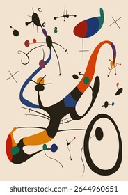 Ilustração de arte surreal em estilo Joan Miro. Pintura abstrata com formas geométricas. Vetor.