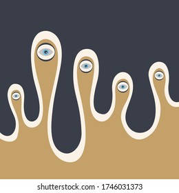 Surreal artwork with eyes, abstract creature. Flat style. Template for card, poster, flyer. Vector color illustration.