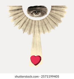 Surreal artwork featuring an eye, heart, and rays. The eye gazes above a heart, surrounded by radiating lines. Eye, heart, and rays create a unique composition. Vintage art, isolated vector element.