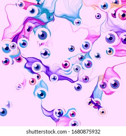 Surreal background. Abstract eyes with multicolored lines on a pink backdrop. Creative wallpaper in retro style. EPS 10.