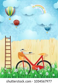 Surreal background with balloons, stair and bike. Vector illustration eps10