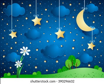 Surreal background with moon, clouds and flowers. Vector illustration 