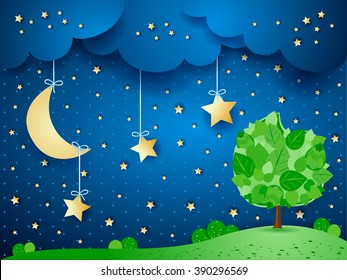 Surreal background with moon and tree, vector illustration