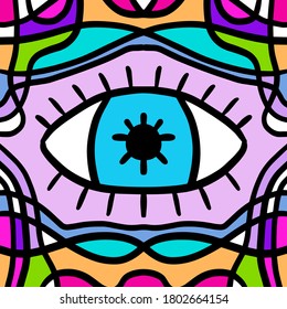Surreal background with open eye hand drawn vector illustration in doodle style vibrant colors