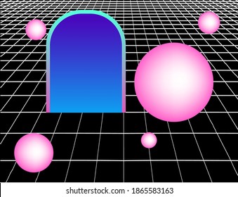 Surreal background with spheres and laser grid. Synthwave and vaporwave aesthetics of 80's and 90's.