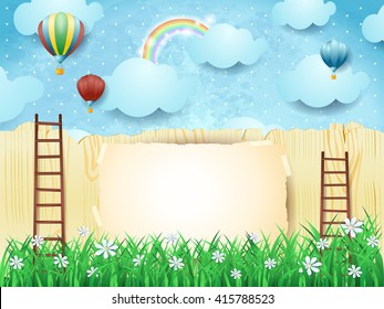 Surreal background with stairs and hot air balloons. Vector illustration 