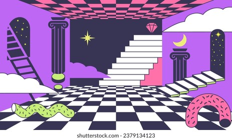 Surreal background. Trippy room with checkered floor, abstract stairs and psychedelic portal doors. Surrealistic liminal space vector illustration of background room surreal