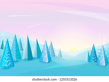 Surreal background. Winter forest abstract flat background.  Simple and cute landscape for your design
