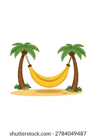 surreal banana hammock between palm trees isolated on white background illustration design
