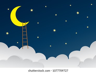 Surreal beautiful sky with crescent moon and ladders. Amazing blue dark night sky with many stars. Vector illustration. EPS 10