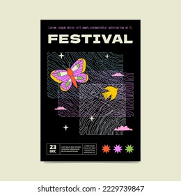 Surreal black poster with colourful butterfly, bird, clouds and textural mess background. Fetsival artwork, vector flyer.