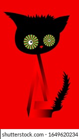 Surreal black and red cat whose body is made of impossible triangle. Cat's eyes are spinning. Unusual vertical optical illusion on a red background. Style op art, pop art. Good for cover books etc.