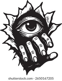 Ilustração surreal em preto e branco de um olho humano embutido em uma mão, emergindo de um papel rasgado. Conceito artístico, simbólico para visão, consciência ou imaginação.