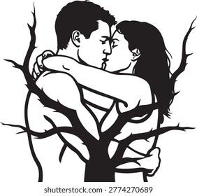 Surreal Black and White Lovers Merging with Tree Symbolic Unity Nature Concept Art