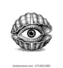 Ilustración vectorial surrealista en blanco y negro de un ojo dentro de una concha marina: obra de arte simbólica dibujada a mano con significado místico y abstracto