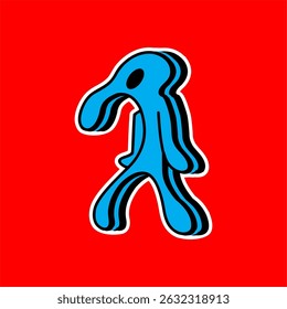 Surreal Blue Walking Figure on Red Background
