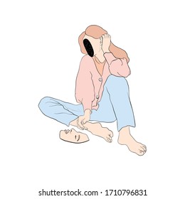 Surreal body of fashionable woman in jeans and pink sweater without face. Philosophical psychedelic art. Inside the head space. 