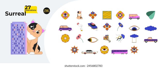 Surreal boho 2D linear cartoon objects bundle. Eye, cat, cloud, vehicle car isolated line vector items white background. Psychedelic flowers eyeballs color flat spot illustration collection