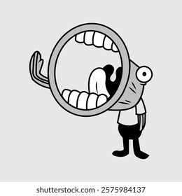 Surreal cartoon character with an oversized mouth and exaggerated expression in a bold black-and-white vector style. A unique and quirky illustration, perfect for comics, mascots, and branding